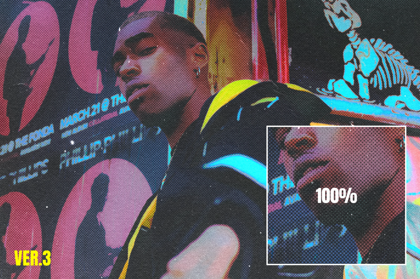 Retro poster mockup featuring a man against colorful backgrounds, vibrant typography and halftone effects, perfect for showcasing urban streetwear designs.