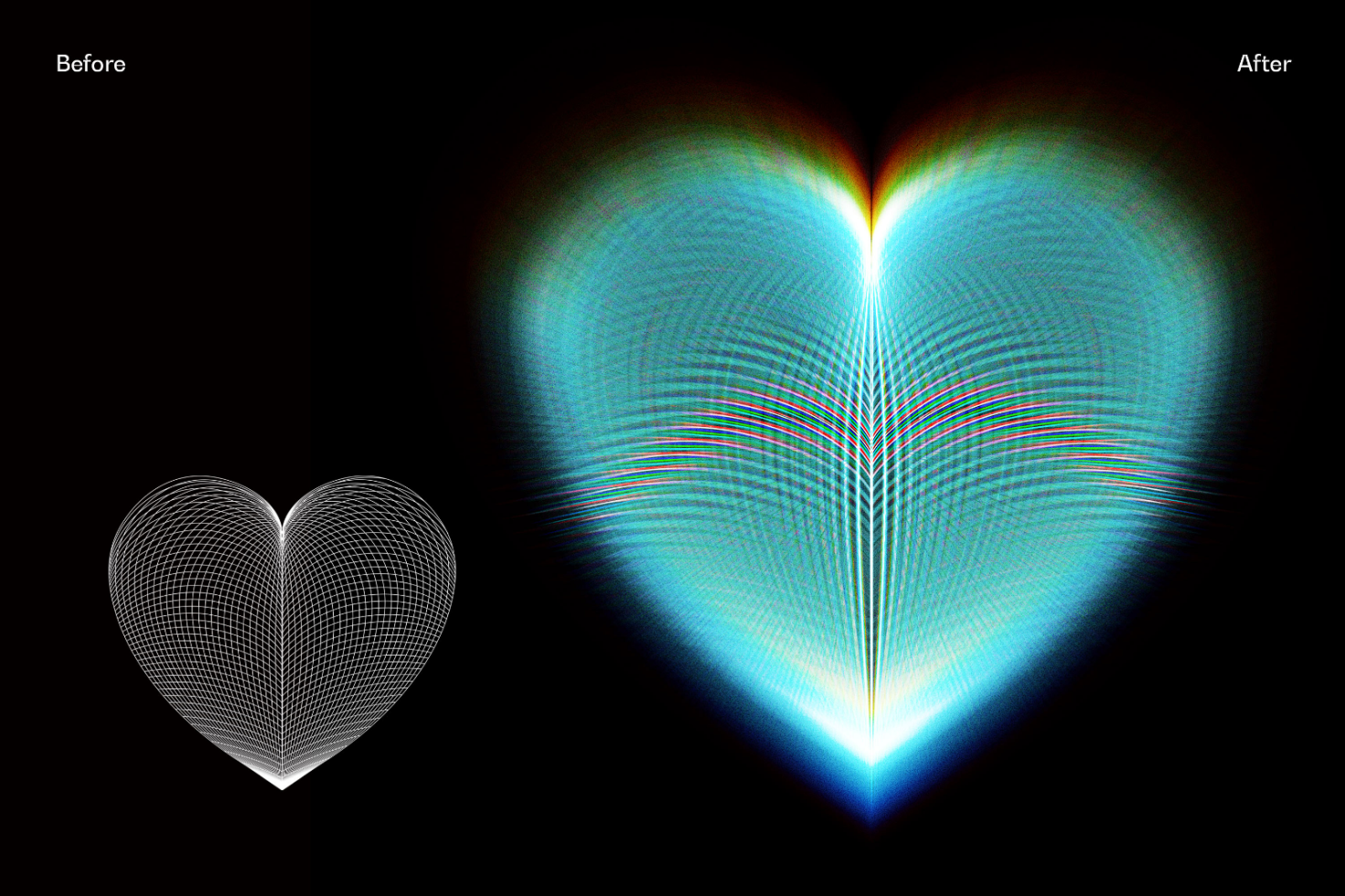 Digital heart graphic showcasing before and after effects vibrant colors and light enhances design ideal for mockups templates design assets and graphic projects