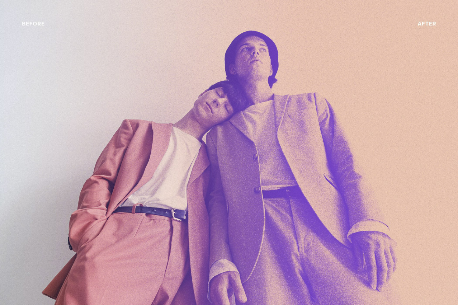 Halftone effect mockup featuring two individuals in stylish suits labeled before and after processed with vibrant pink and purple gradient overlays