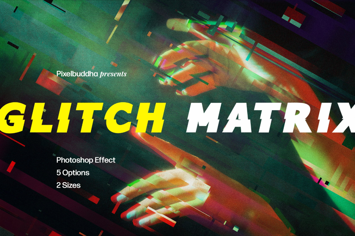 Glitch Matrix Photoshop effect for designers, featuring five options and two sizes. Vibrant, distorted graphics ideal for modern digital designs. Creative templates.