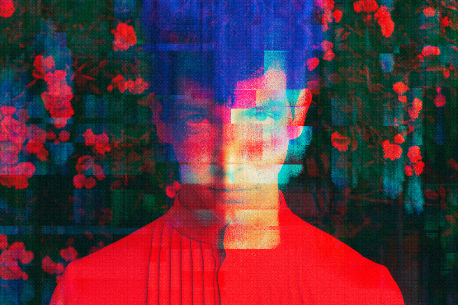 Digital glitch effect portrait with vibrant colors combining floral and geometric elements ideal for use in design mockups graphics templates unique visual style.