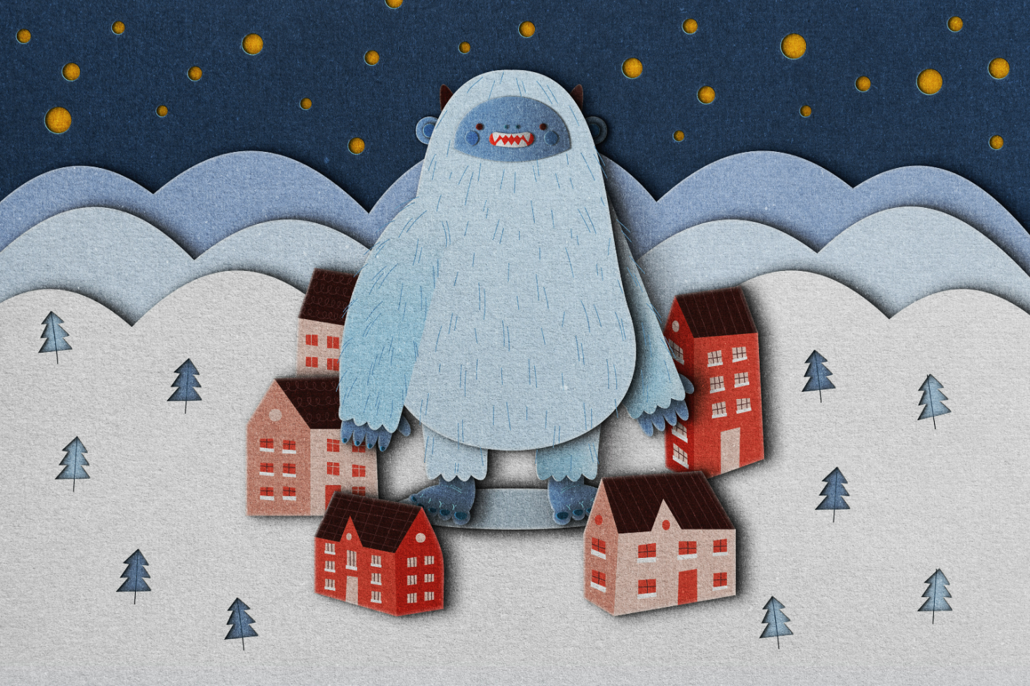 Illustration of a large blue yeti surrounded by small houses snowy landscape and night sky with stars perfect for graphic design projects and templates.