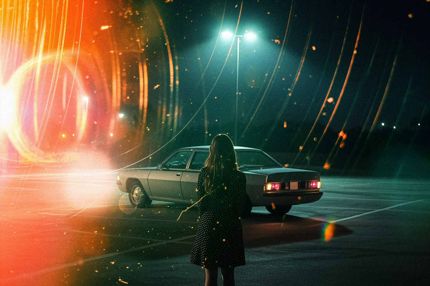 A woman in a polka-dot dress stands in front of a classic car at night surrounded by surreal light streaks and particles digital graphic asset for designers.