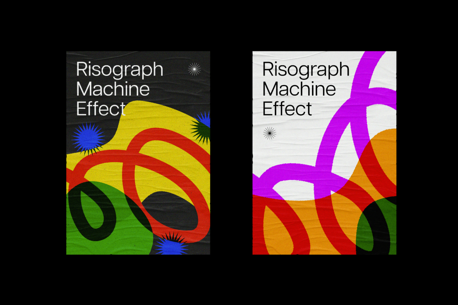 Set of two vibrant Risograph machine effect posters with abstract colorful shapes, ideal for graphic design projects. Keywords: Mockups, Templates, Graphics.