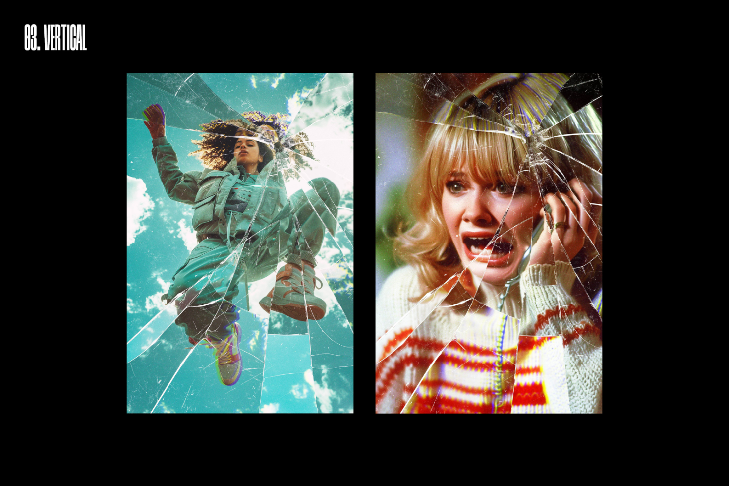 Two vertical mockup images with cracked glass overlays. First image shows a person floating against a sky. Second image depicts a woman screaming on the phone.