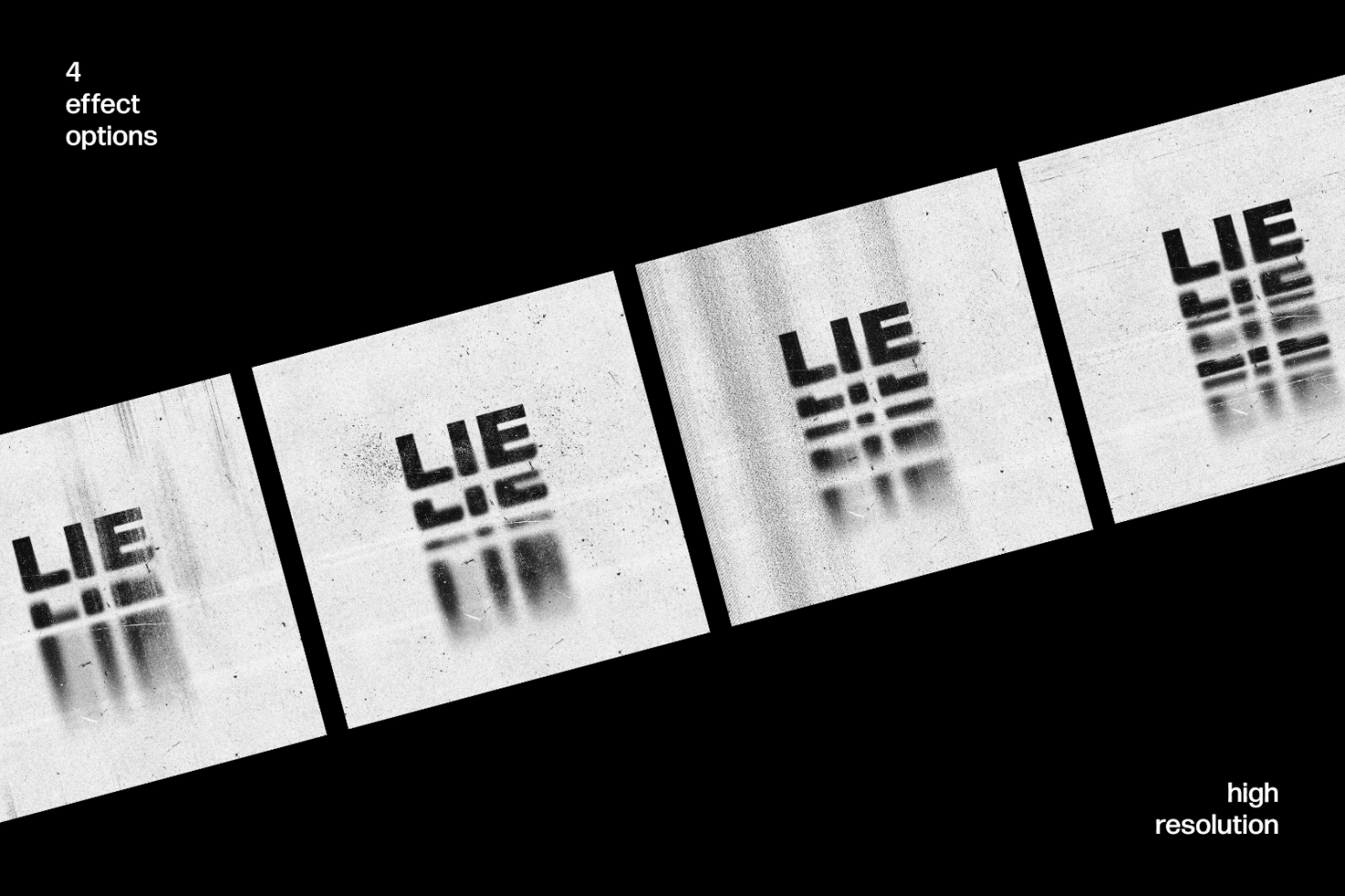 High resolution text effect mockup showcasing four different options with the word LIE on a grungy texture background perfect for graphic designers.