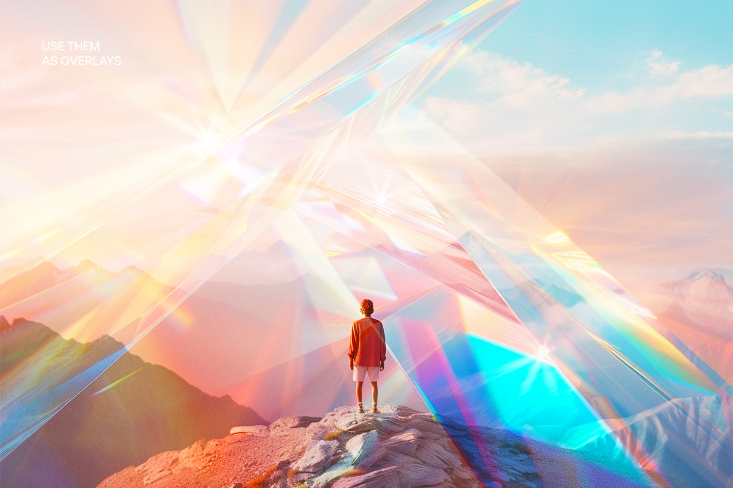 Vibrant abstract digital overlay with a person on a mountain peak at sunrise, perfect for design mockups, graphics, and creative template backgrounds.