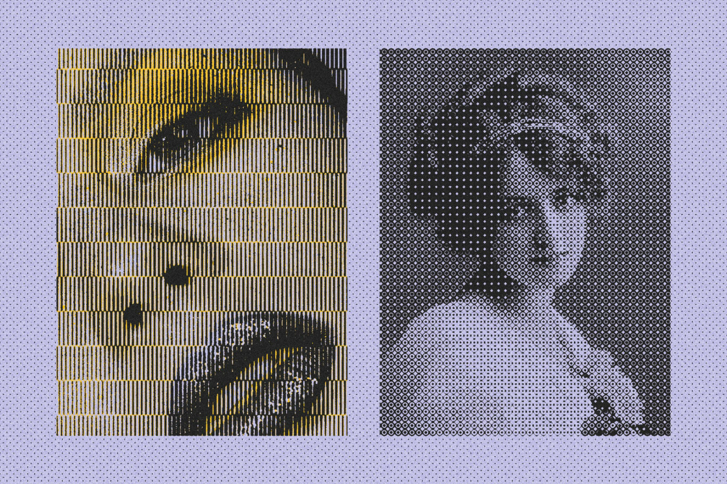 Abstract halftone vintage portraits; one with vertical stripes and the other with circular dots. Ideal for mockups, graphic design, and digital templates.