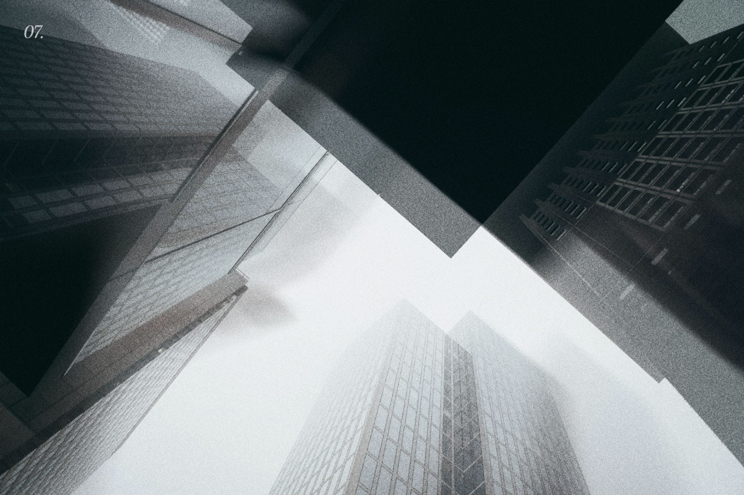 Abstract urban cityscape graphic template with tall buildings viewed from a low angle, featuring foggy atmospheric effects for designers and graphic projects.