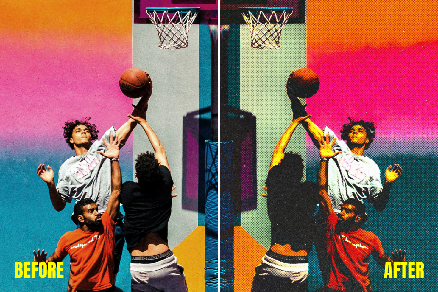 Basketball photo effect before and after showcasing vibrant color editing. Suitable for graphic design, mockups, and template projects. Ideal for designers.