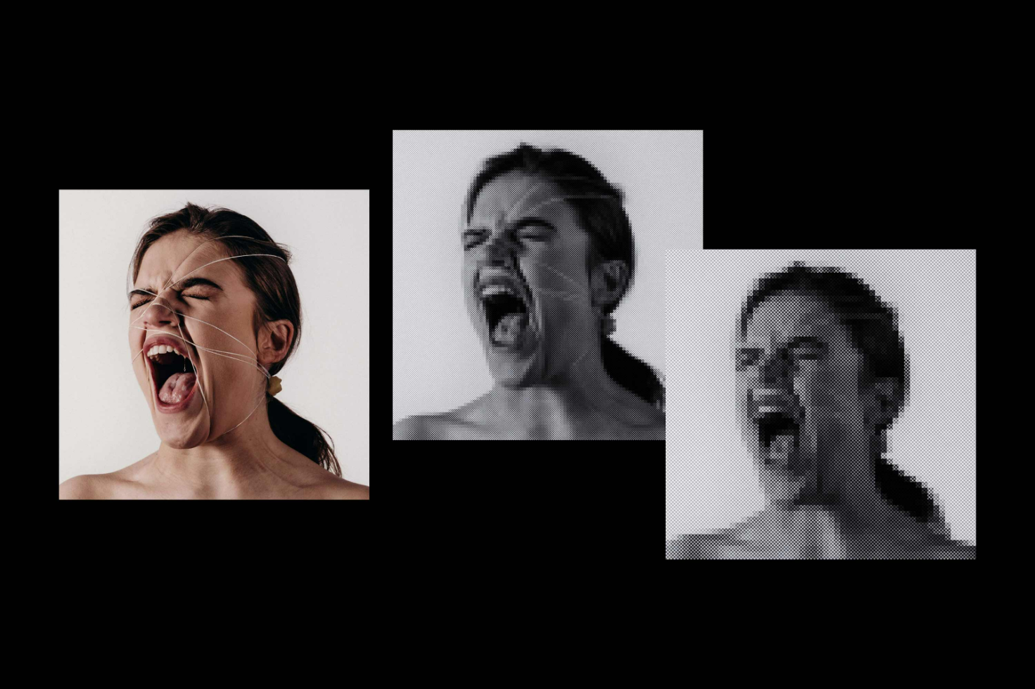 Triptych of a woman shouting. Three styles: original, black and white, and pixelated. Use for design mockups graphics templates. High resolution.