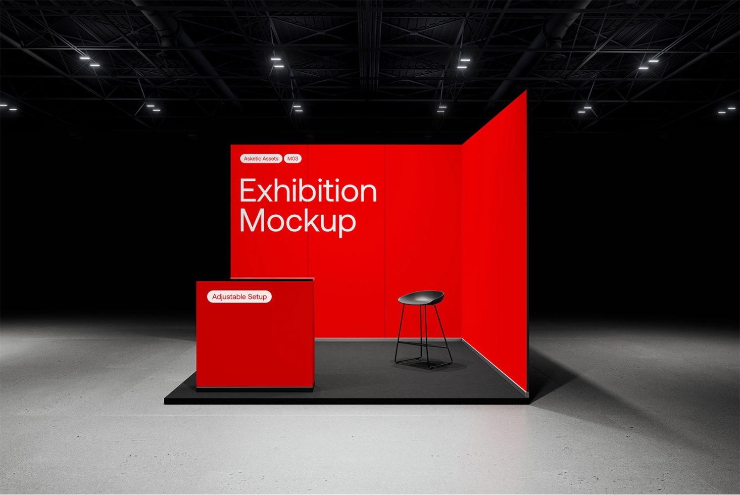 Red exhibition booth mockup with adjustable setup for designers. Ideal for showcasing brand designs, trade show displays, and event graphics.