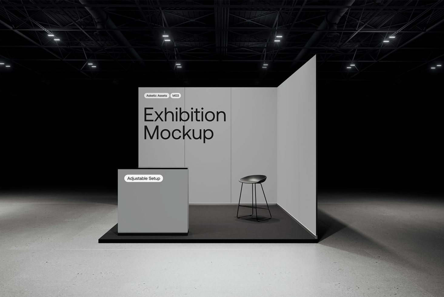 Exhibition mockup template with adjustable setup, ideal for designers showcasing graphics, mockups, and templates in a modern and minimalistic style.