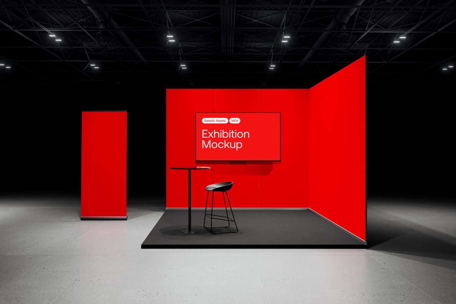 Exhibition mockup with red walls, black chair, and table in modern setting suitable for digital assets on graphics and templates marketplace for designers.