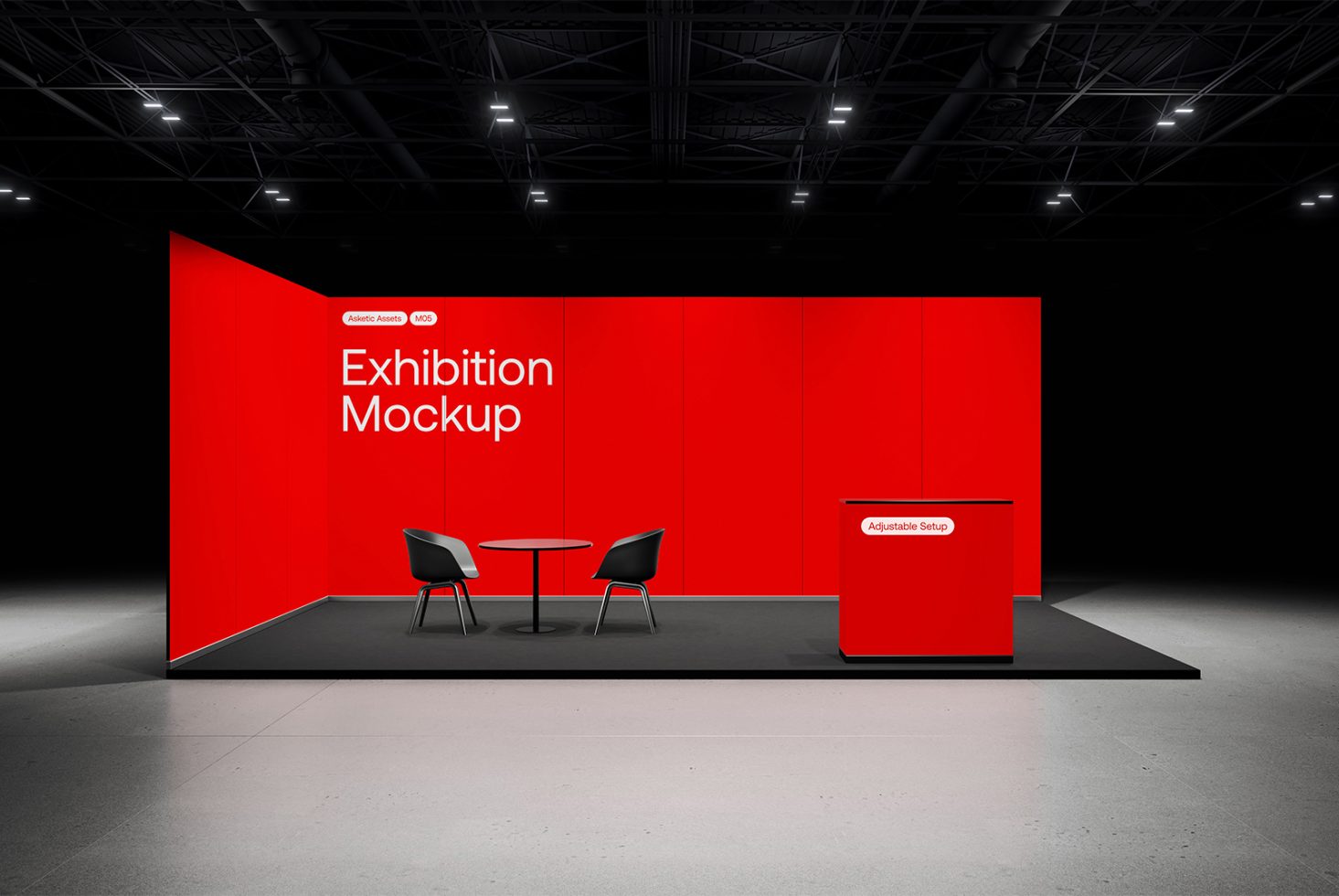 Red exhibition booth mockup with chairs, table, counter for designers. Modern fair stand design template for graphics presentations or trade show displays.