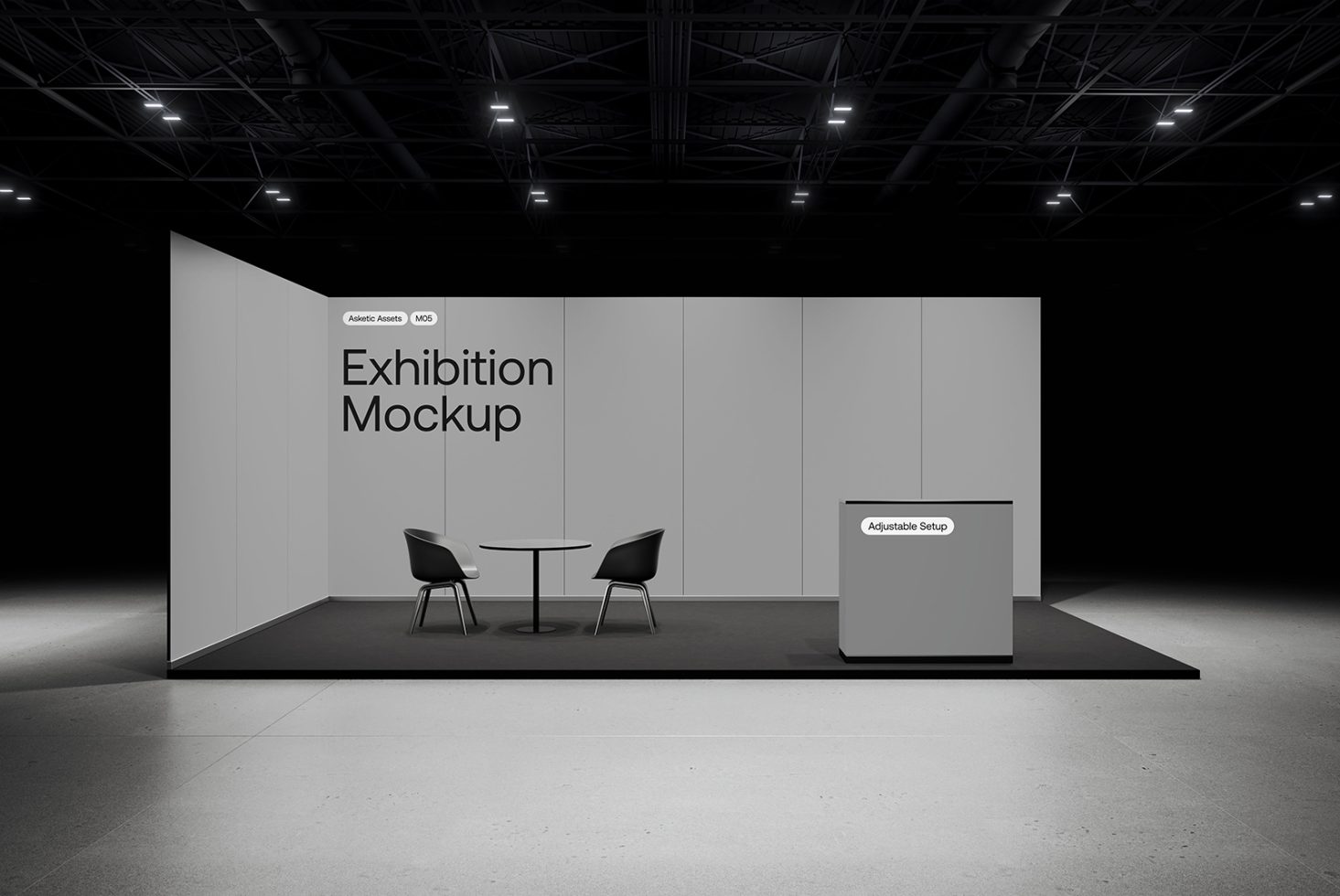 Exhibition mockup template featuring customizable booth setup and chairs ideal for showcasing branding in trade shows and events. Perfect for designer presentations.