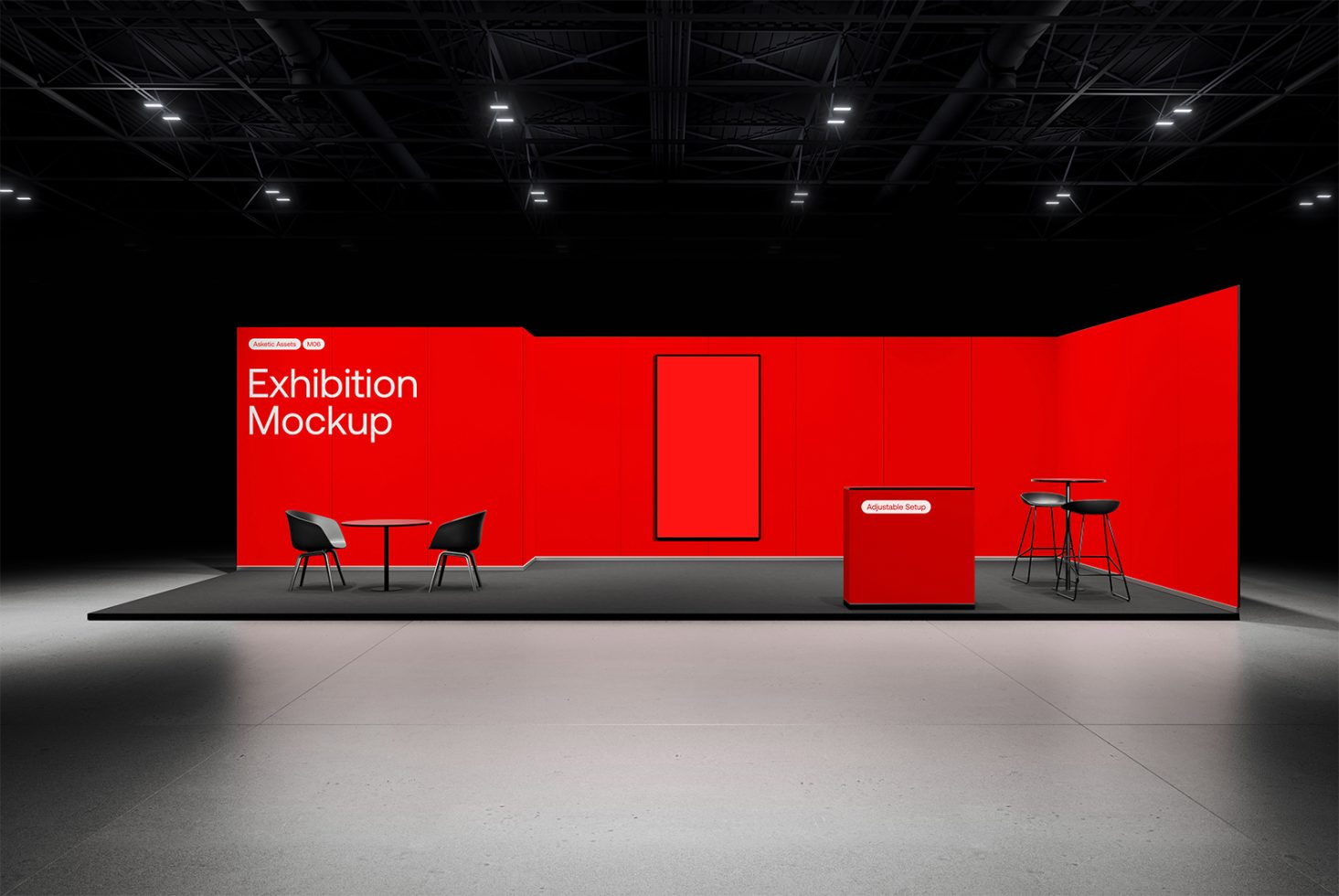 Modern exhibition mockup with bold red background, adjustable setup. Ideal for trade shows, branding, templates. Suitable for designers seeking high-quality visuals.