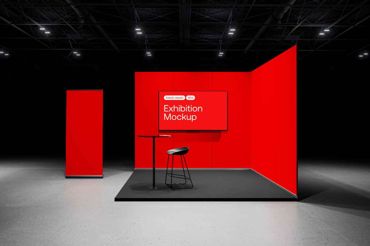 Red exhibition mockup with a modern booth setup including a TV screen, high table, and bar stool in a spacious venue. Ideal for presentation design templates.