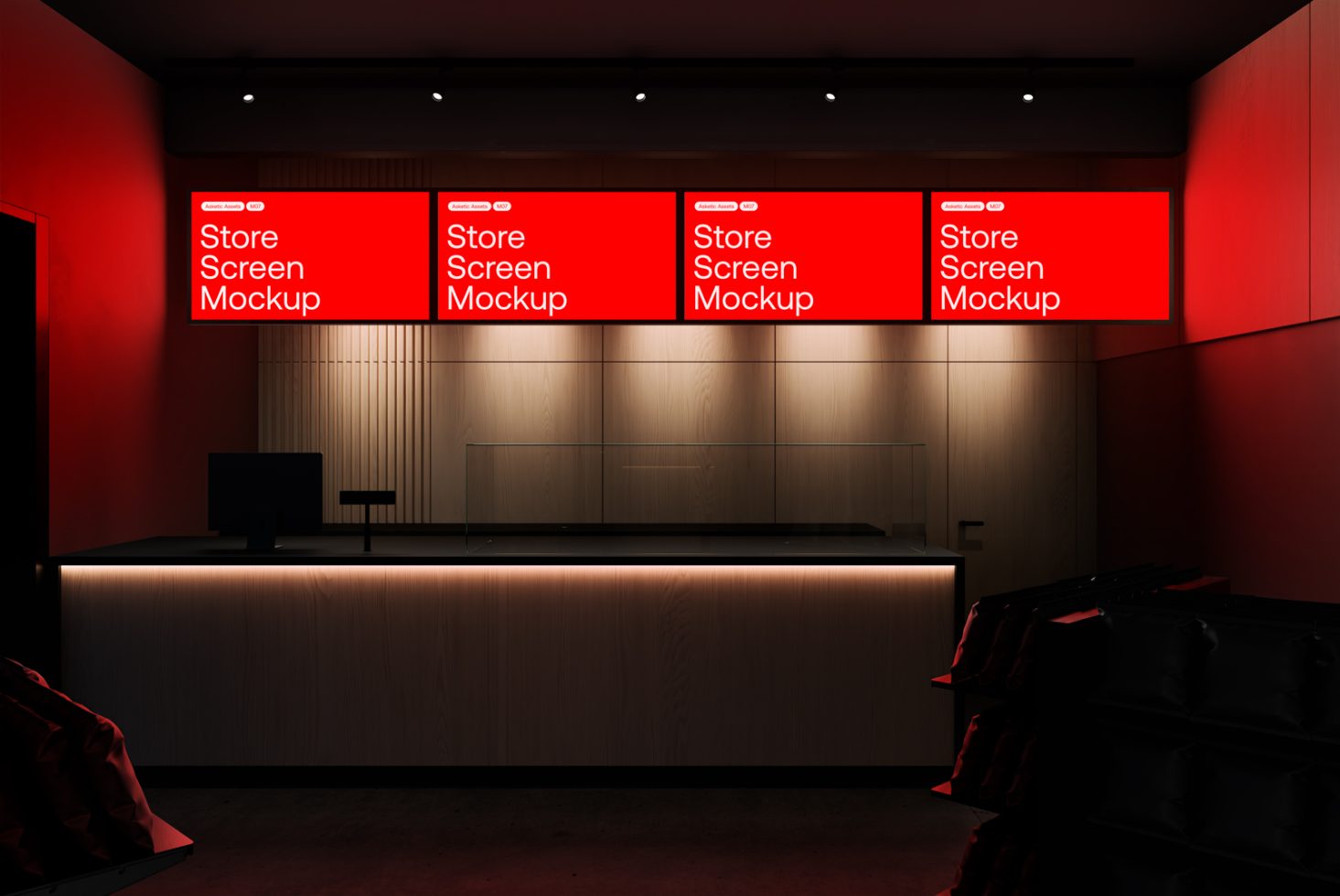 Store screen mockup displaying digital signage on four bright red screens above a modern counter. Perfect for showcasing retail templates and graphic designs.