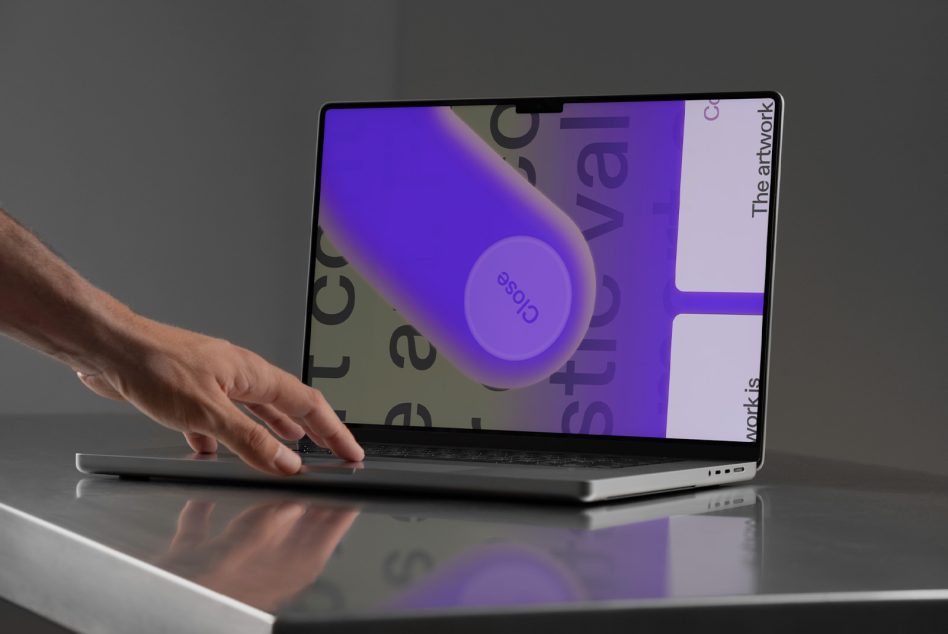 Modern laptop mockup featuring a hand interacting with the screen displaying a vibrant digital design perfect for designers creating realistic product presentations