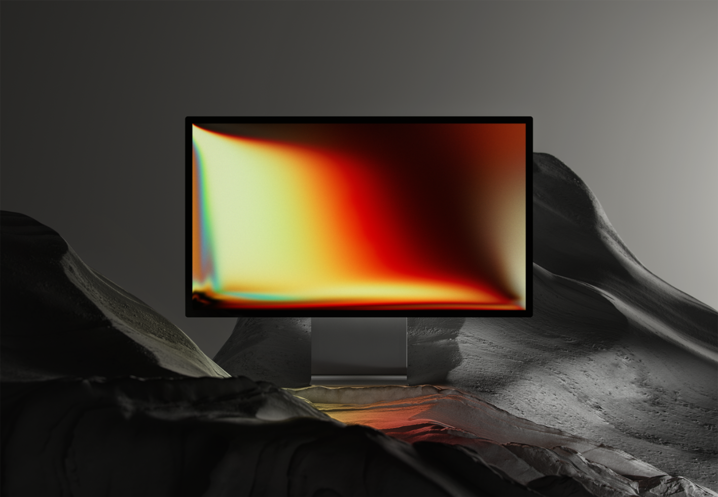 Modern computer monitor with vibrant abstract gradient on screen in dark minimalistic setting with textured surfaces Mockup for digital assets and design.