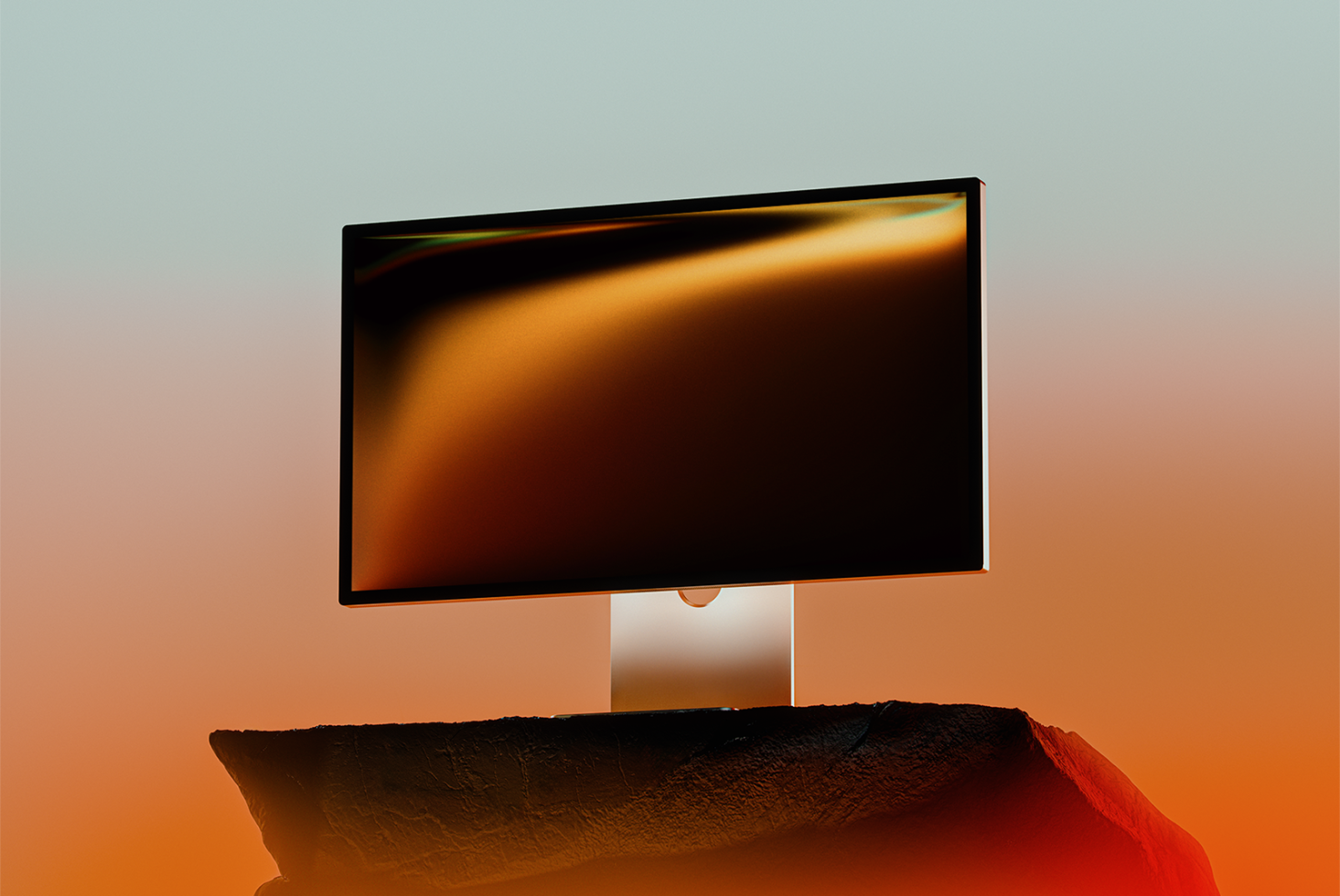 High-resolution computer monitor mockup on a rocky surface with gradient background perfect for designers virtual product displays and presentation templates