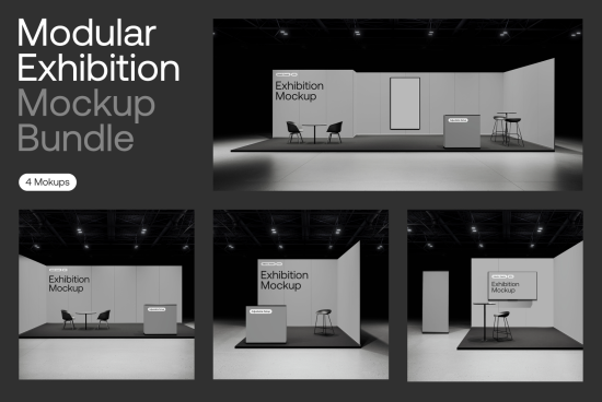 Modular exhibition mockup bundle featuring 4 editable mockups in various layouts. Ideal for designers creating exhibition, trade show, and event booth graphics