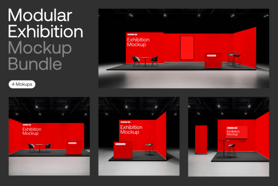 Modular exhibition mockup bundle includes four realistic mockups featuring contemporary booth designs for trade shows and exhibitions. Perfect for designers.