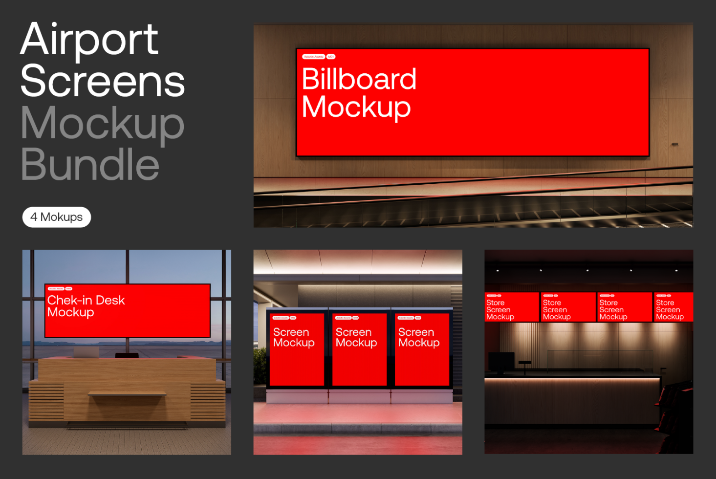 Airport screens mockup bundle featuring 4 high-quality mockups for check-in desks, billboards, and store screens ideal for graphic designers and digital assets