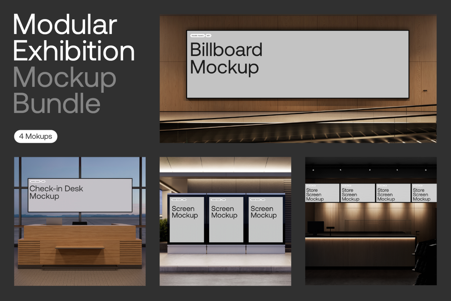 Modular Exhibition Mockup Bundle with 4 high-quality designs for billboards, check-in desks, and store screens perfect for designers creating realistic presentations.