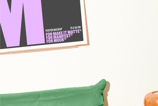 Poster mockup displaying large purple text on a black background, hanging above a green pillow and an orange stool. Suitable for digital asset designers.