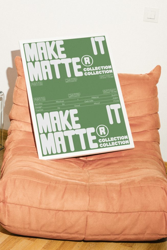 Poster mockup design on an orange cozy chair. Perfect for showcasing poster designs in a modern living space. Ideal for graphic designers, templates, mockups.