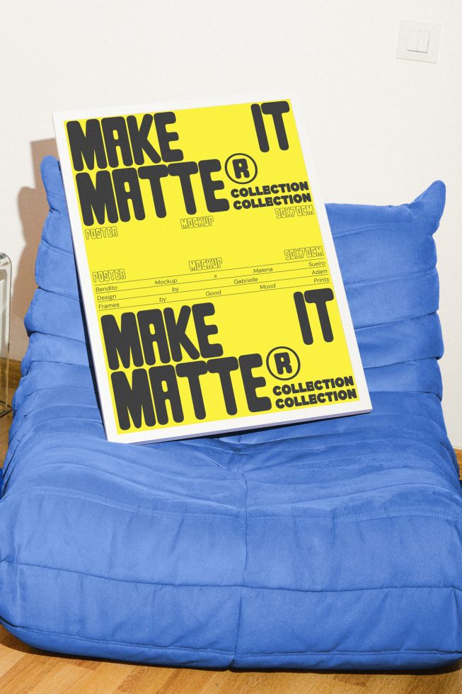 Poster mockup featuring a vibrant yellow print with bold black text Make It Matte collection displayed on a blue couch; ideal for designers seeking unique graphics.