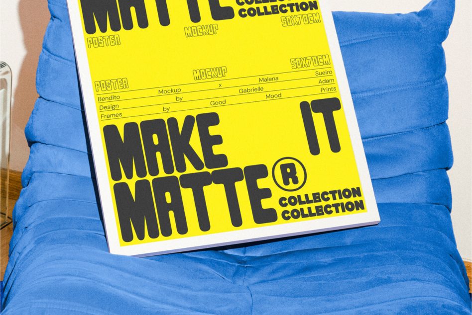 Yellow poster mockup with bold black text reading Make It Matte Collection 50x70 CM resting on a blue chair. Perfect for designers seeking unique templates.