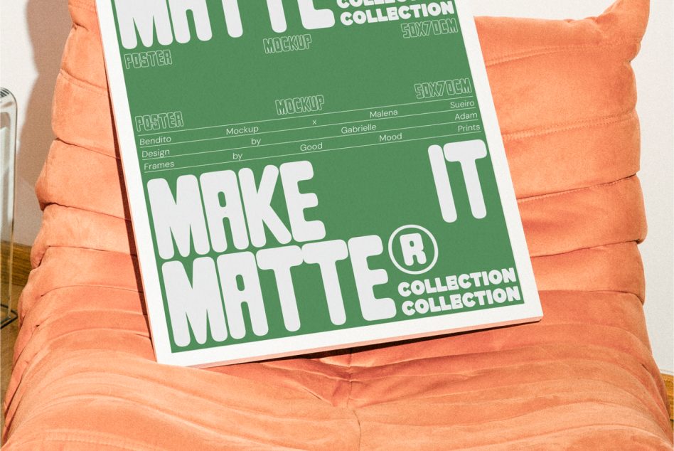 Poster mockup in green color titled Make It Matte Collection displayed on orange cushion. Ideal for designers looking for customizable graphic templates.