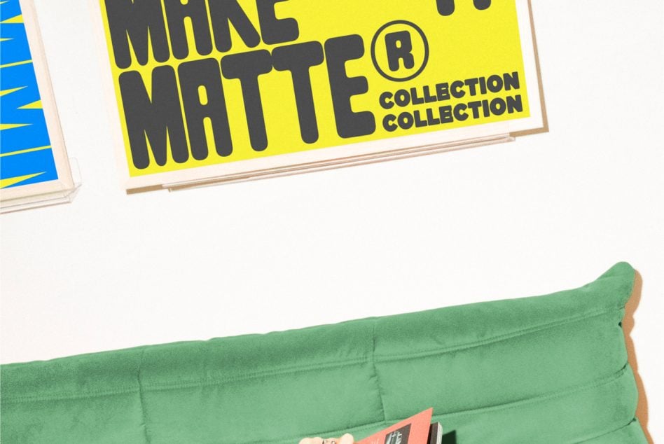 Bright yellow poster mockup showing Make It Matte Collection on green pillow