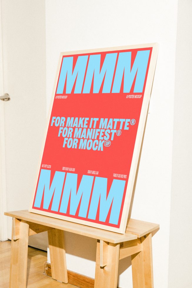 A1 poster mockup in red and blue with bold typography displayed on a wooden easel, ideal for showcasing design work. Keywords: mockup, poster, design, template.