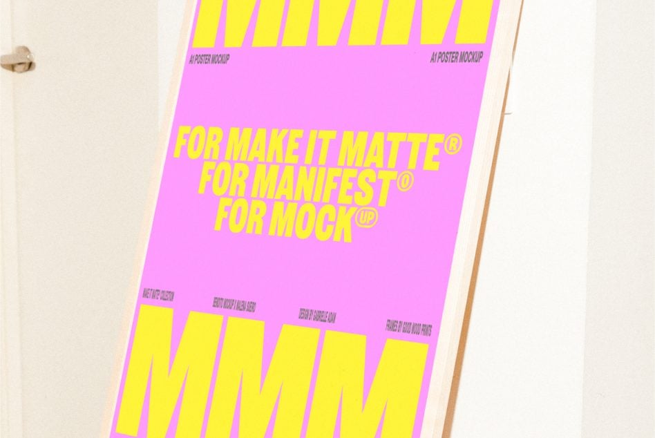 Magenta poster with bright yellow letters tilted on wooden table by doorway