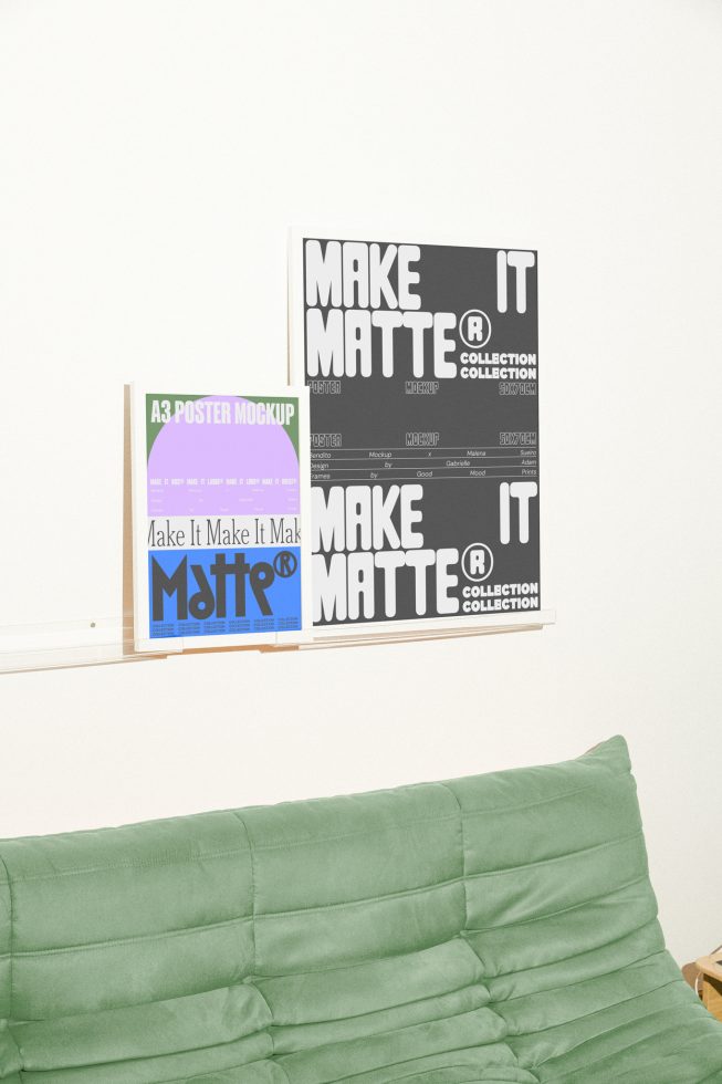 Poster mockup in a minimal room with a green sofa; includes A3-size poster template suitable for graphic designers in need of creative mockup assets.