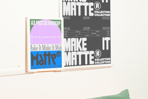 A3 poster mockup design in modern style with text in black and blue on wall showcasing graphic design template perfect for designers.