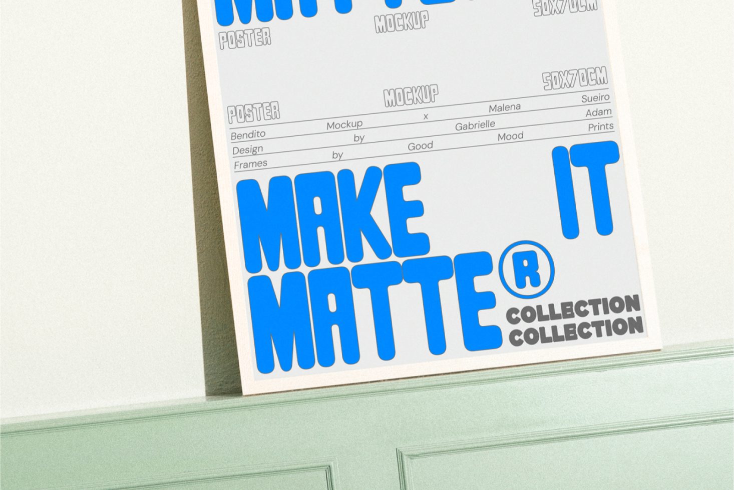 Poster mockup with blue bold text Make It Matte Collection for designers, displayed on a light green panel. Ideal for graphic design, templates, or print projects.