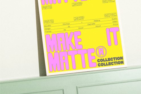 Bright yellow matte poster mockup with pink and black text on a light mint green background ideal for designers digital assets templates graphics mockups posters