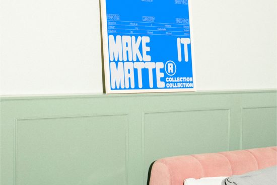 Poster mockup leaning against a green wall in a room with a pink couch. Perfect for designers seeking creative, modern graphic templates for product presentation.