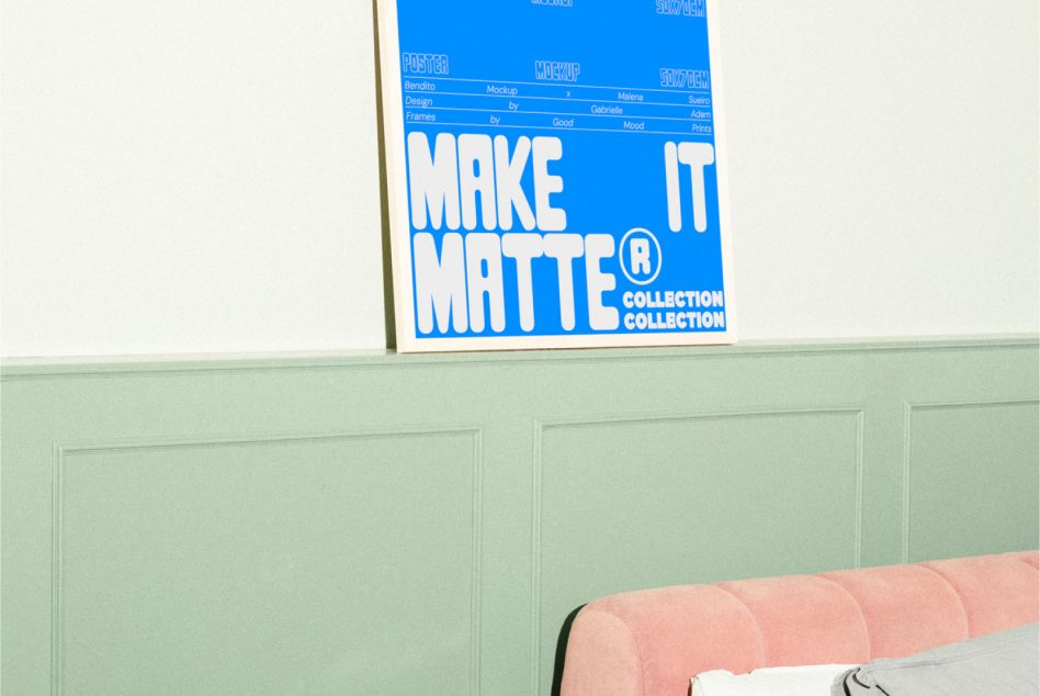 Cropped view of A3 poster mockup on shelf in vibrant blue with white blocky typography
