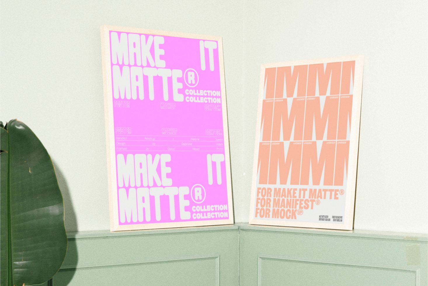 Poster mockups displayed on a pastel green wall featuring bold typography and matte finishes. Perfect for designers in need of high-quality mockup graphics.