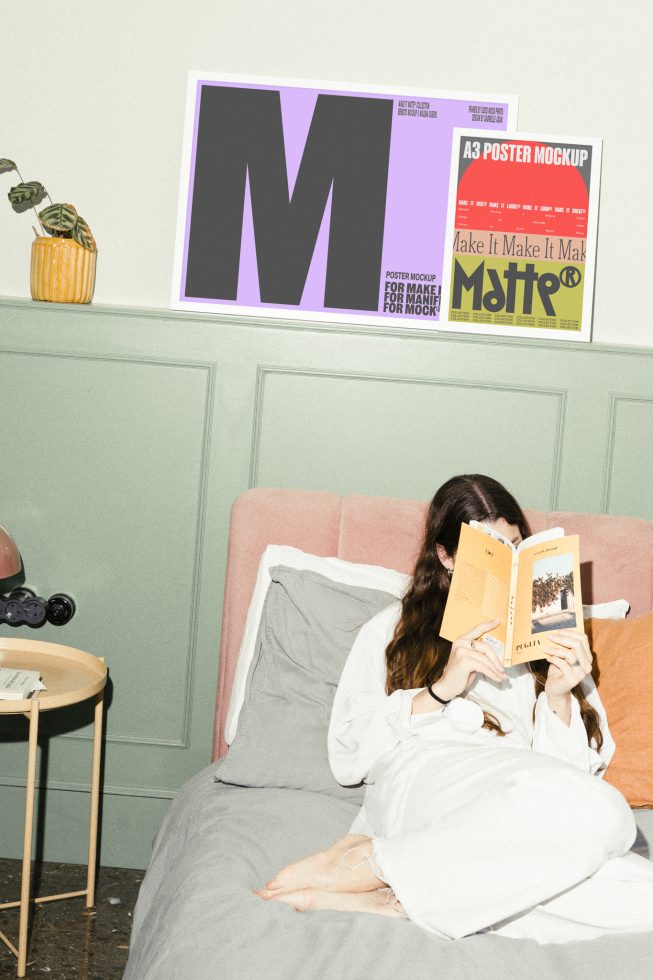 Poster mockup with vibrant colors on bedroom wall, woman reading on bed. Ideal for designers needing graphical templates and mockups for presentations.