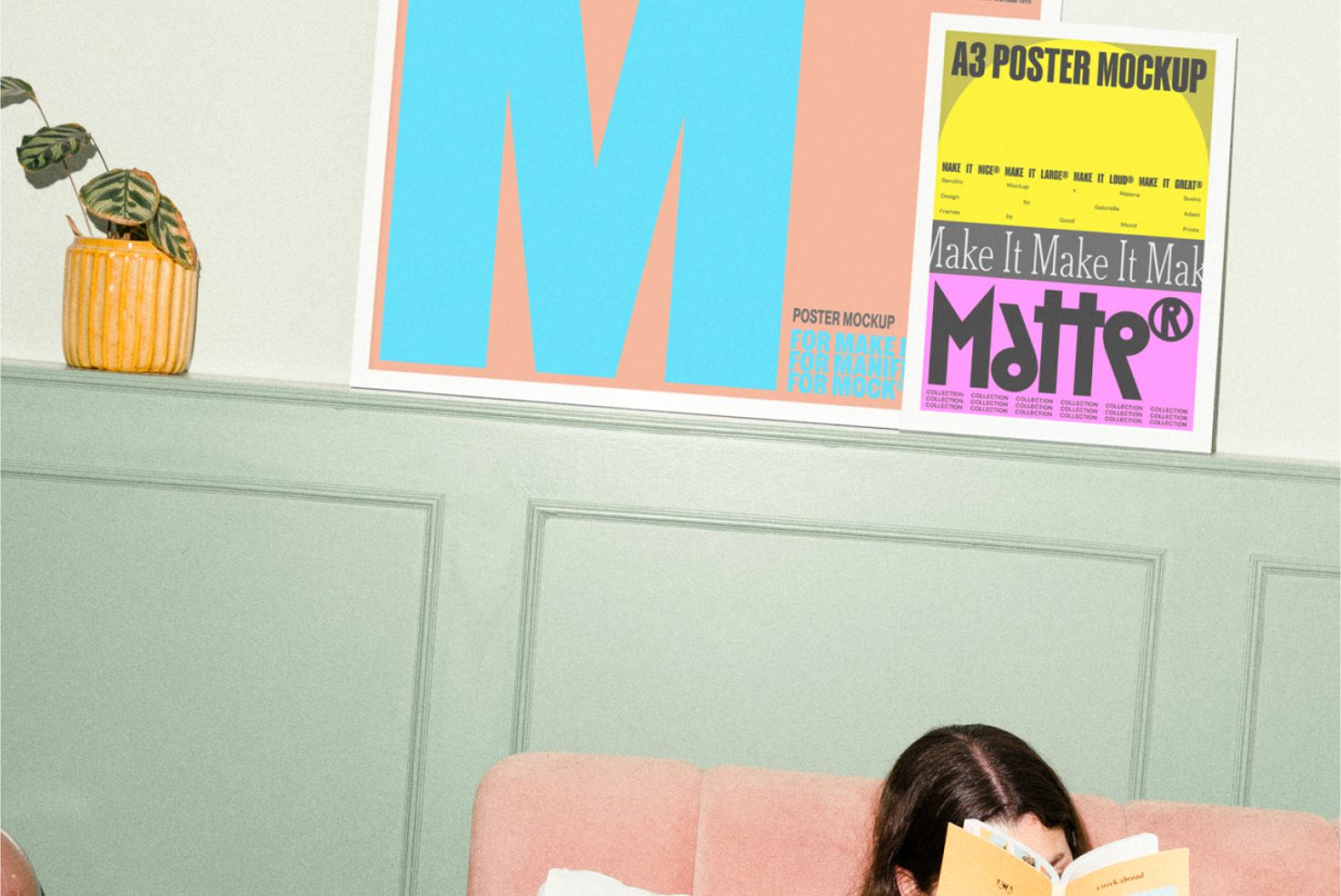 A mockup featuring two A3 posters displayed on a wall above a person reading a book. Keywords: poster mockup, A3, design templates, designer tools.