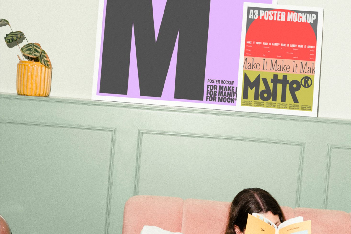 Mockup of two A3 posters on pastel wall above a couch. Woman reading below. Ideal for showcasing design templates and poster graphics.