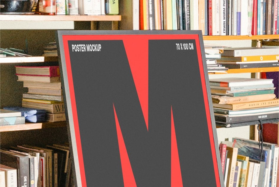 Red 70x100cm poster mockup angled on bookshelf with multicolored book spines