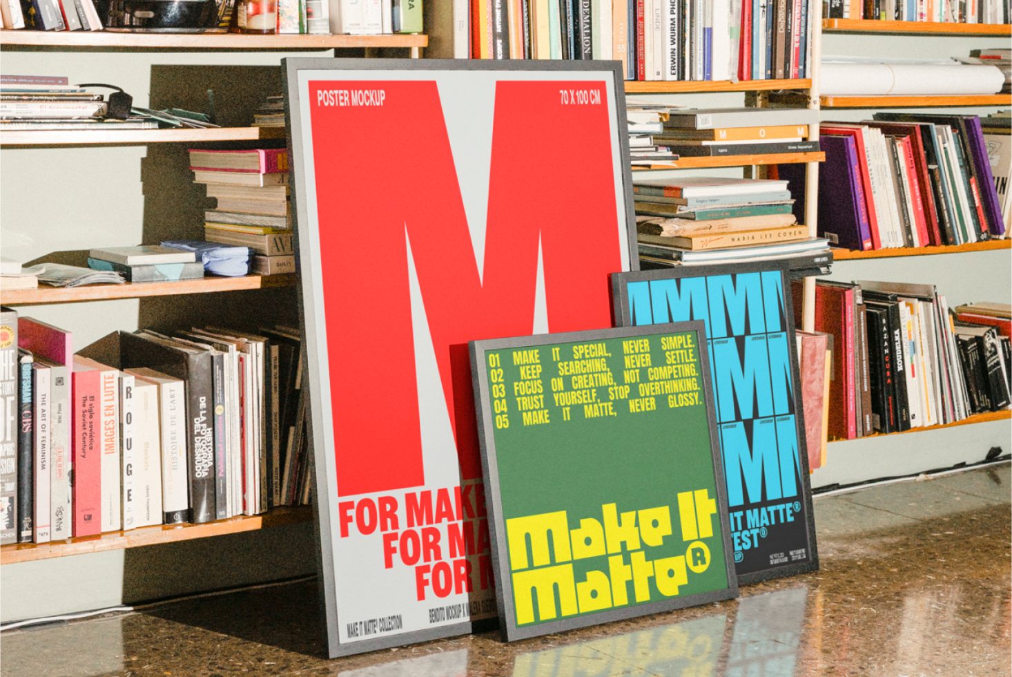 Poster mockup collection displayed on the floor against a bookshelf targeting designers featuring bold typography, vibrant colors, and varied sizes for templates.